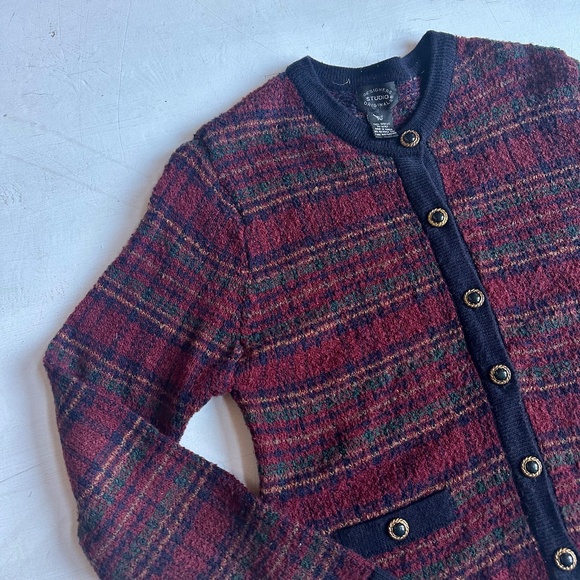 Vintage Designer Studios Original Burgundy Plaid Cardigan - Picture 3 of 5
